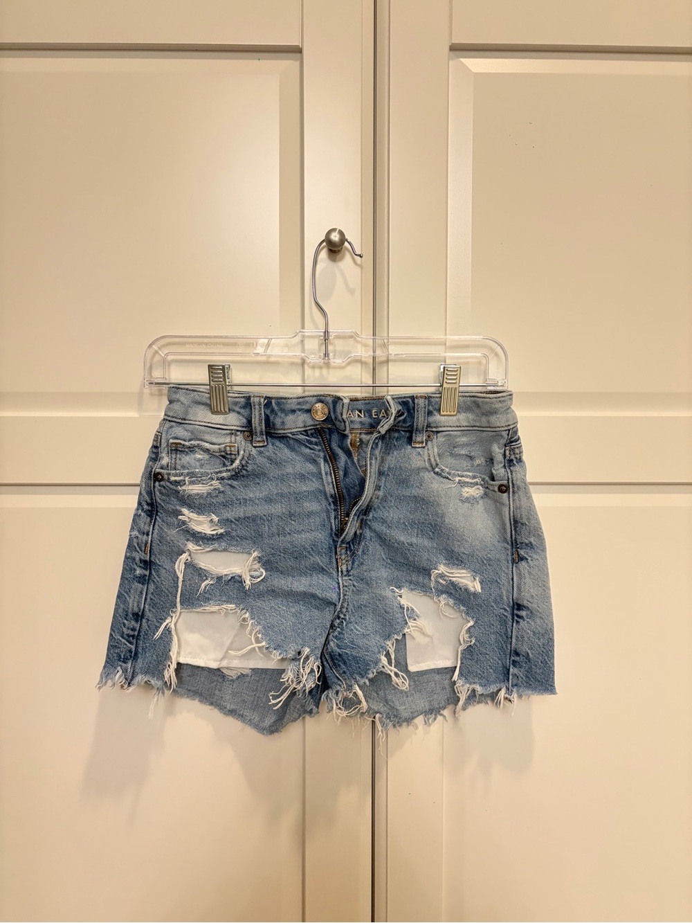 AE Distressed Light Blue Denim Shorts
